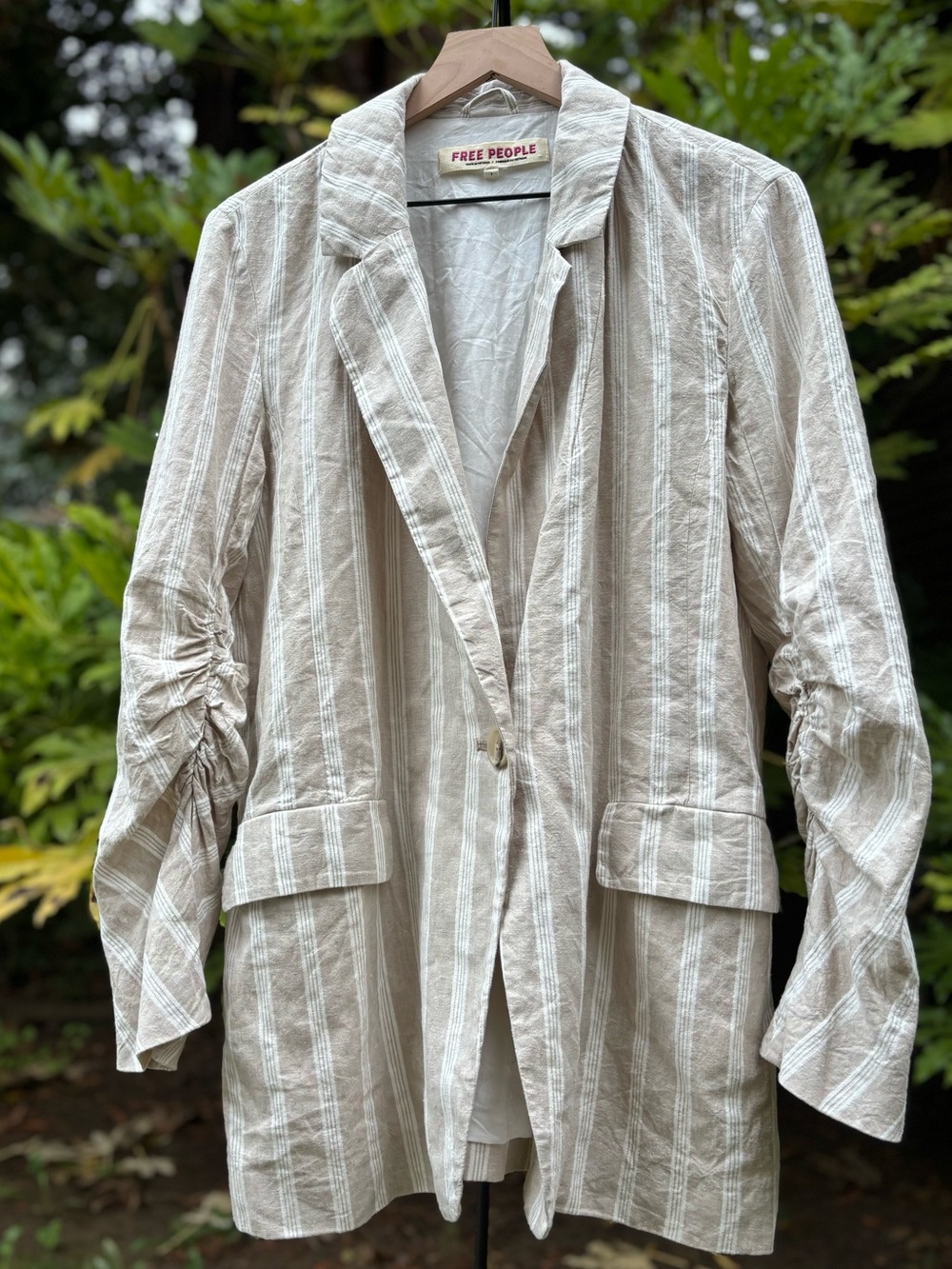 Free People Beige and White Striped Linen-Blend Oversized Blazer